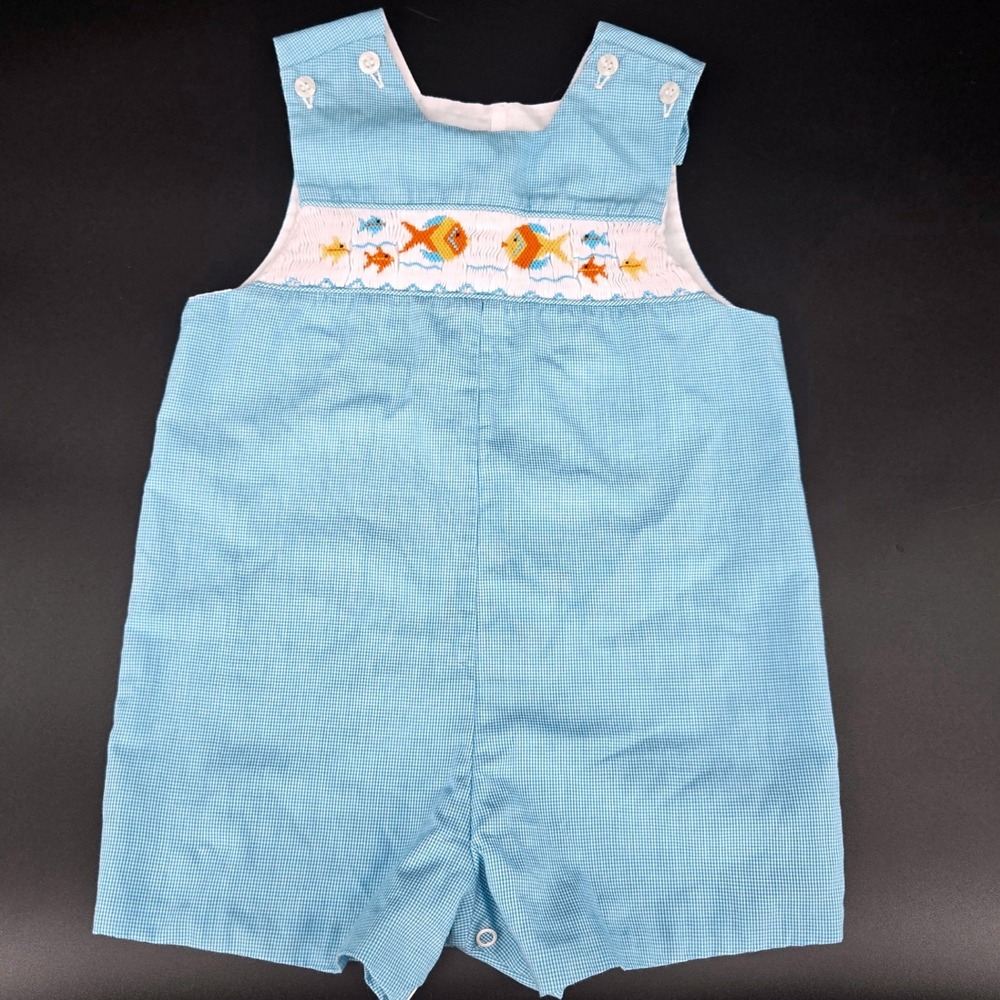 The Bailey Boys 18M Blue Gingham Smocked Fish Jon Jon Romper NWOT